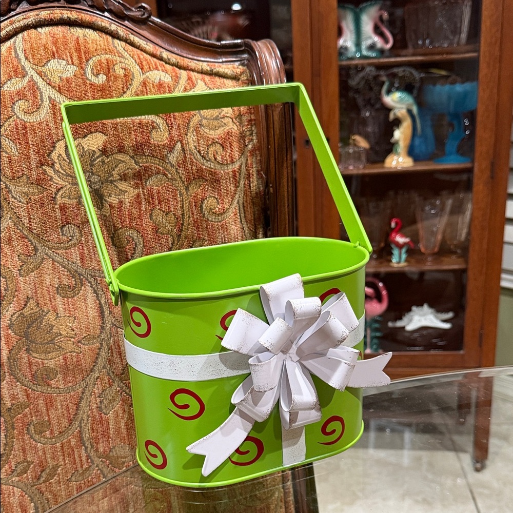 Decorative Metal Bucket with White Bow
